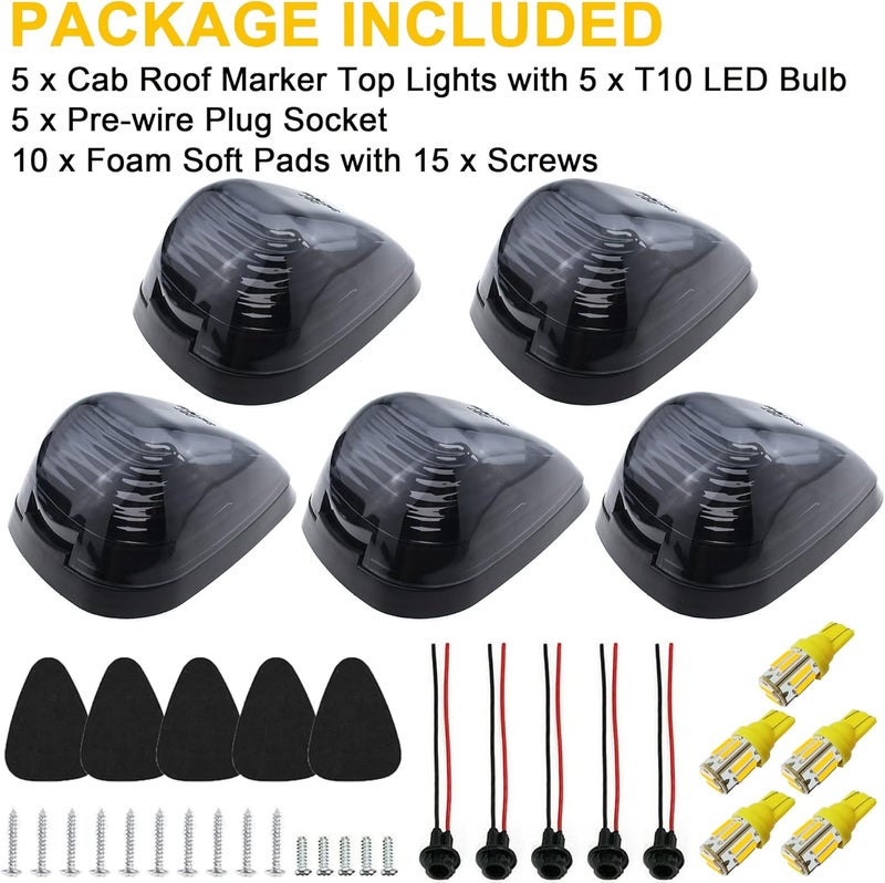 GLOFE 5X Black Smoke Lens Cab Roof Marker Running Lamps w/Amber Yellow LED Lights Compatible with Ford F150 F250 F350 F450 F550 F650 F750 E150 E250 E350 E450 1999-2016 Super Duty Pickup Trucks - Image 4